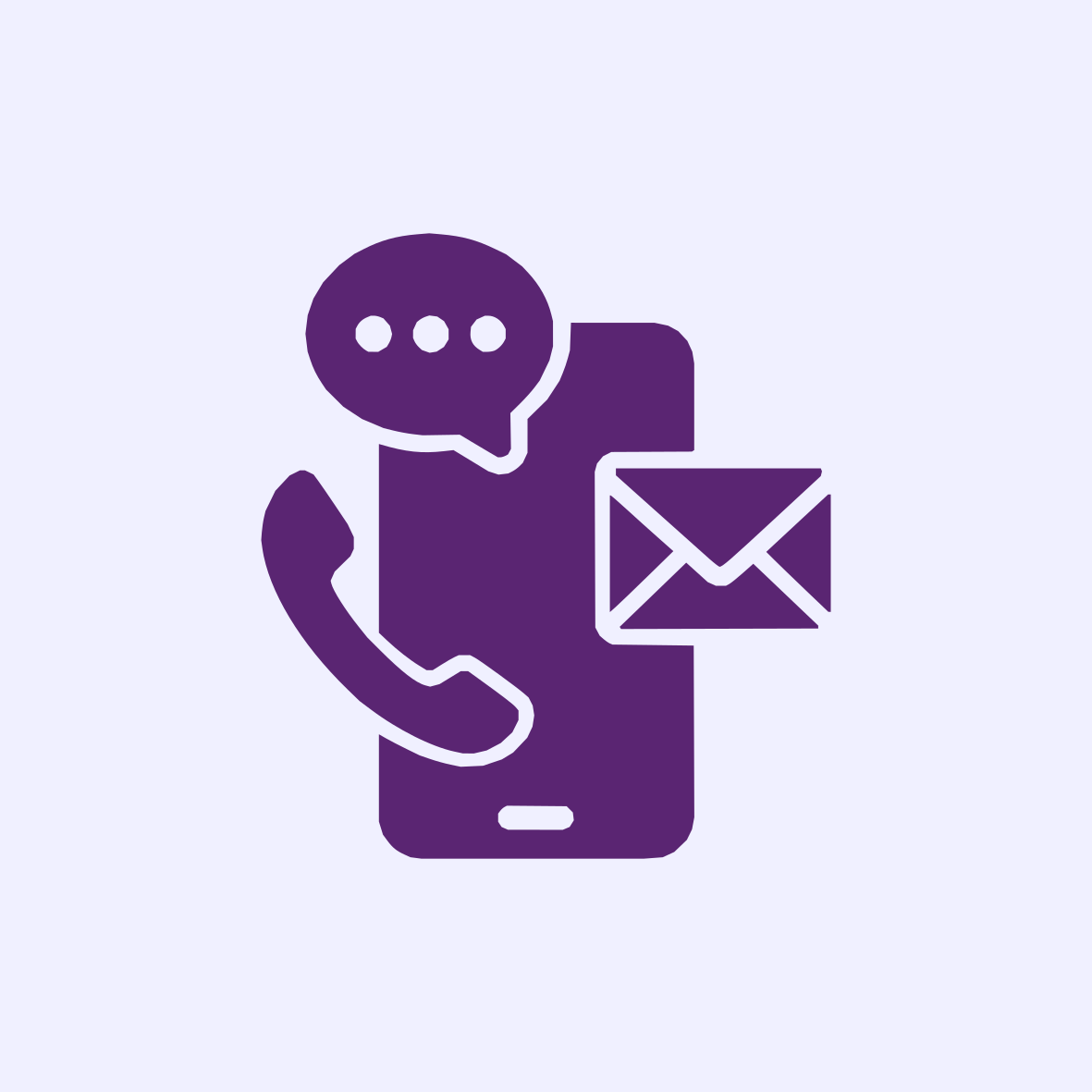 Ein Icon, das ein Smartphone zeigt, aus dem eine Chat-Sprechblase sowie ein Telefonhörer und ein Email-Briefumschlag herausschauen.
