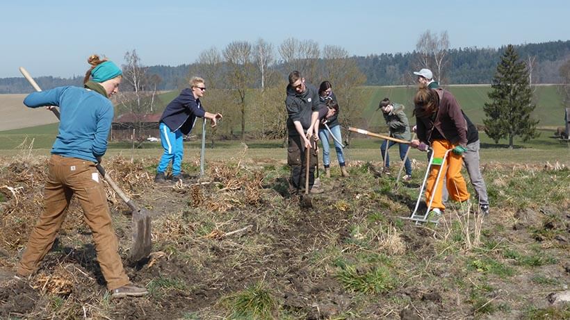 Ökodorf Schloss Tempelhof - Gruppe junger Menschen arbeitet gemeinsam mit Spaten und Werkzeugen auf einem Feld im Ökodorf, umgeben von ländlicher Landschaft.